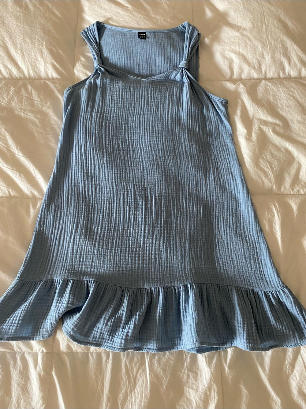 Cottage-Core Cotton Blue Gauze Ruffle Dress